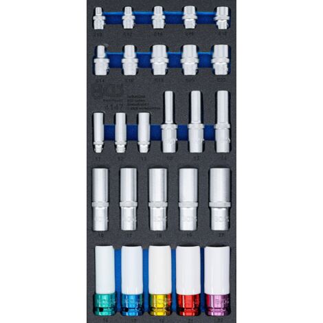 BGS 4147 Inserto per carrello da officina 1/3: inserti per chiavi a bussola esagonale, profondità 11 – 22 mm profilo E10 – E22 6,3 mm (1/4"), 10 mm (3/8"), 12,5 mm (1/2") 26 pezzi. (1/2)