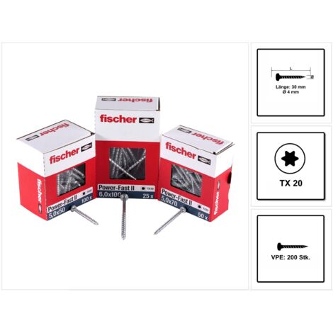 Fischer Power-Fast II FPF II Viti per legno 4,0x30 mm, 200 pz. ( 670237 ) Testa tonda, Torx, filettatura completa, zincate, passivato blu (1/5)