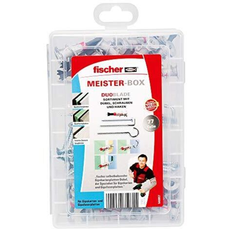 FISCHER 548857 MEISTER-BOX DUOBLADE PRATICA SCATOLA CON 77 TASSELLI, VITI E GANCI, TASSELLO AUTOFILETTANTE PER CARTONGESSO FAI D (1/4)