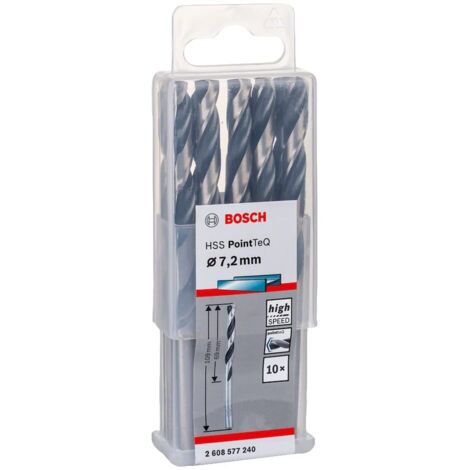 Bosch Accessories 2608577240 HSS PointTeQ (7,2 x 69 109 mm) - Set da 10 Pezzi di Punte Elicoidali per Trapano Metallo, Acciaio, Fusione o Plastica, Grigio (Argento), Ø 7.2 mm