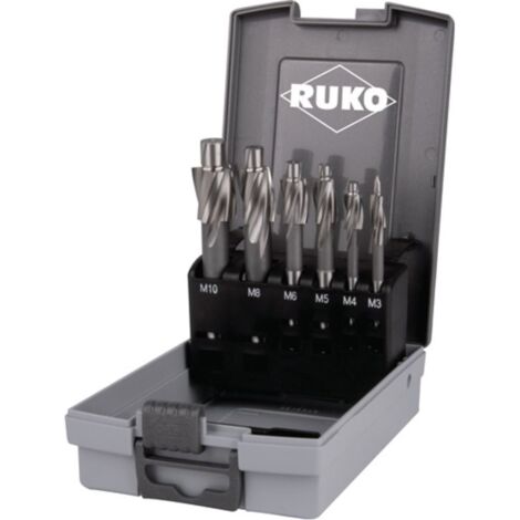 Set di svasatori RUKO da 6 pezzi DIN 373 HSS M3 - M10 a punta fine per fori passanti in custodia di plastica ABS - 102450RO