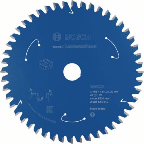Lama per sega circolare Bosch Expert per pannelli laminati, per seghe circolari a batteria, 165 x 1,8 x 20 mm, codice articolo 48 - 2608644549 (1/5)