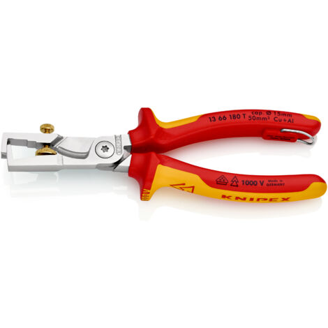 KNIPEX 13 66 180 T StriX® Pinze spelacavi con cesoia per cavi isolante con manici rivestiti in materiali multicomponenti, collaudati VDE con anello di fissaggio isolante incorporato per agganciare una (1/5)