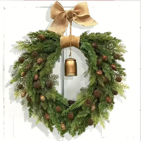 Couronne de Noël rétro en pin de Norfolk avec cloches, couronne de cèdre artificiel de 50 cm, pour décoration de fêtes, couronnes de Noël (1/5)