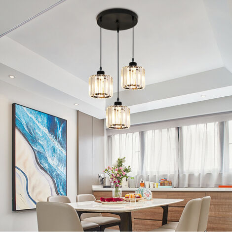 NICOLA Lustre moderne en cristal, lustre pour îlot de cuisine, lustre linéaire réglable, disque à trois têtes, noir, sans ampoule, 220 V, E27