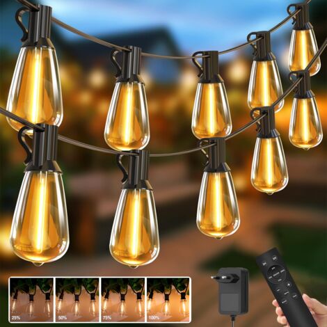 Guirlande lumineuse d'extérieur de 15 m, Lampe de jardin à intensité variable avec télécommande et 25 + 1 ampoules LED ST38, étanche IP44 (lot de 2) (1/5)