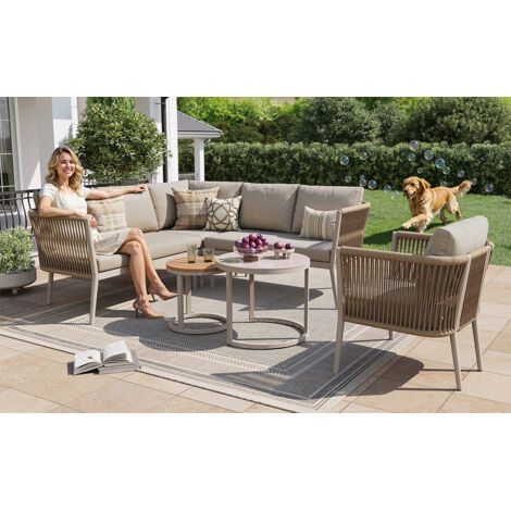 Laisse-grenouilles pour 5 à 6 personnes, grand canapé extérieur, ensemble de 6 chaises avec banc résistant à l’eau et coussins, modulaire pour terrasse ou balcon, couleur beige. (1/5)