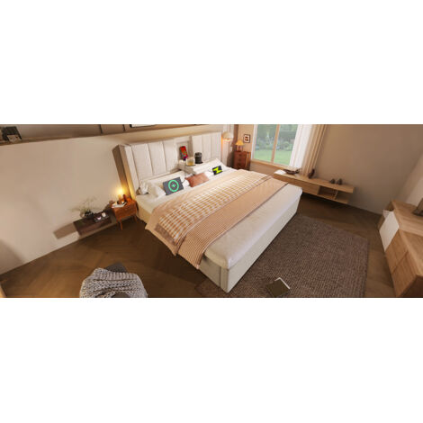 Lit superposé 160x200 cm, lit double, support linge caché, prise électrique, lit hydraulique, rangement sous lit, structure bois, tissu lin beige, sans matelas. (1/5)