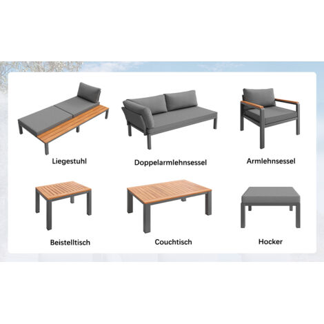 Groupe de sièges extérieur modulaire, combinaison libre des éléments, cadre métal robuste, coussins respirants, tables en bois, pour terrasses, balcons ou espaces aquatiques, couleur grise. (1/5)