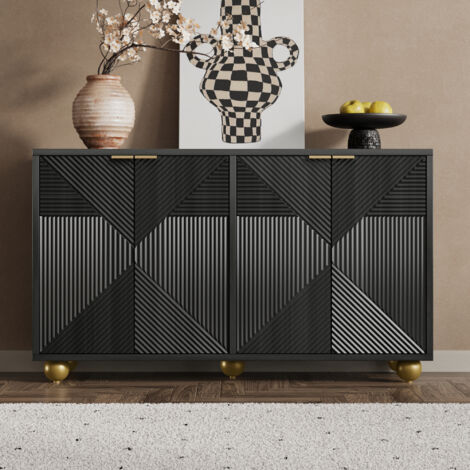 Armoire avec quatre portes conçues de manière décorative, plans intérieurs réglables, poignées en métal, et pieds en forme de sphère. (1/5)