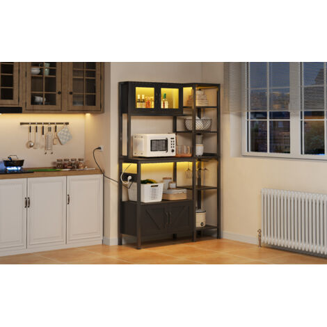 Comptoir de cuisine avec prise électrique et lumières LED. Comptoir de rangement pour les plats. Comptoir de cuisson à micro-ondes, avec fonction de stockage des aliments. Support pour le vin, dimensi (1/5)