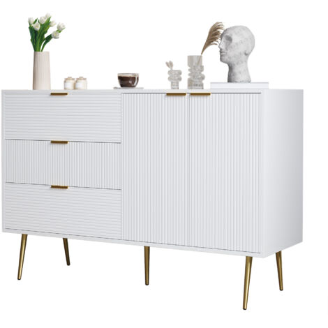 Armoire, armoire à rangement située dans le salon, avec des portes et des tiroirs. Il y a également des étagères intérieures. L’armoire est dotée de poignées et de pieds en or. (1/5)