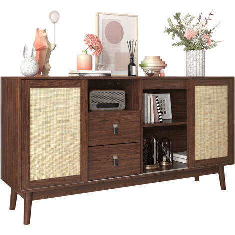 Meuble de cuisine avec 3 portes coulissantes en raphia véritable et 2 tiroirs. Dimensions : 155 x 38 x 80 cm. Confortable, stable et polyvalent. (1/5)