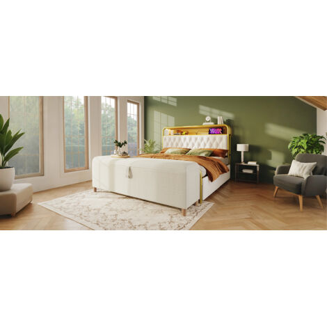 Banc de lit avec espace de rangement, dimensions : 165 x 38 cm. Banc de lit doté de coussins et d’espace de rangement hydraulique. Il convient parfaitement pour les chambres à coucher (1/5)