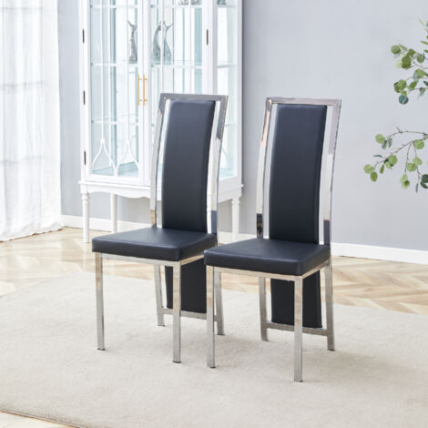 [2e Set] Chaises de séjour minimalistes européennes, avec pieds en argent. Cuir noir recouvert d’une finition PU  cadre métallique argenté. Hauteur : 109 cm. (1/5)