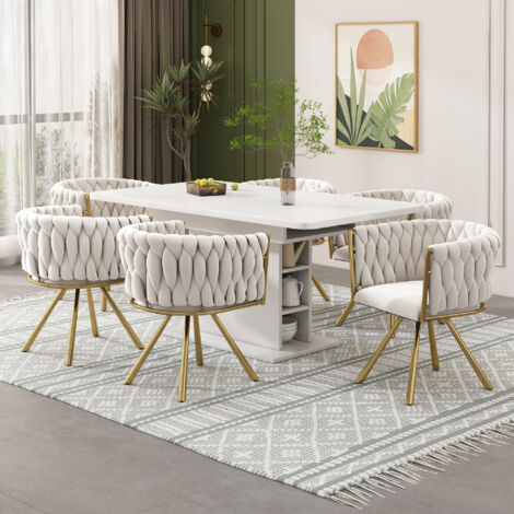 Chaise longue Samt-Esszimmerstuhl, série de 6 pièces. Chaise longue pour les moments de détente et de repos, dotée de quatre pieds métalliques. Couleur beige et or. (1/5)