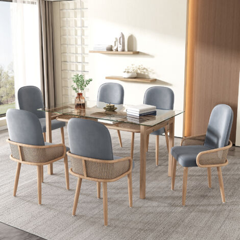 Chaises en velours, set de 6 pièces. Design en rotin. Idéales pour le salon et la chambre à coucher. Dotées de quatre pieds métalliques (effet de texture en bois). Couleur grise. (1/5)