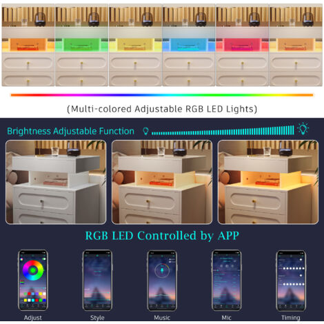 Table de nuit avec éclairage LED. Commode de nuit dotée de 2 tiroirs, 1 espace de rangement ouvert. Couleur blanche. Dimensions : B50/T40/H60 cm (1/5)