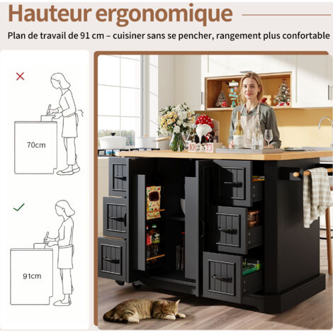 Cuisine mobile, armoire de cuisine, chariot de cuisine avec 2 portes et 6 tiroirs. Équipé d’une roue qui permet son déplacement. Dimensions : 120 x 45(75) x 91 cm. Couleur : blanc/noir (1/5)