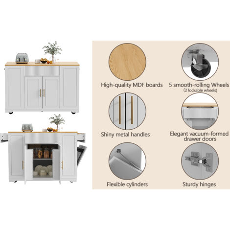 Îlot de cuisine avec des roulettes de 120x50x92 cm – Comprend un compartiment pour les déchets, 2 portes et 3 tiroirs. Pas de poubelle inclus. Idéal en tant qu’îlot de cuisine portable (1/5)