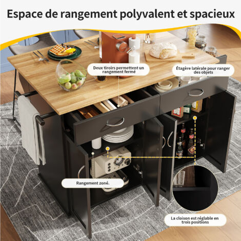 Îlot de cuisine moderne : dimensions 106×50×90,5 cm. Meuble de cuisine, meuble à tiroirs, armoire à viande avec motif en bois. Table à manger multifonctionnelle, avec espace de stockage intégré. Coule (1/5)