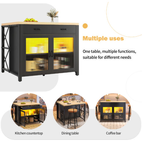 Îlot de cuisine avec bandeau lumineux LED. Table en bois pour les repas. Tablette à café. Conforme aux exigences des salles de séjour et des salons. Surface de travail dotée d’une structure en bois. P (1/5)