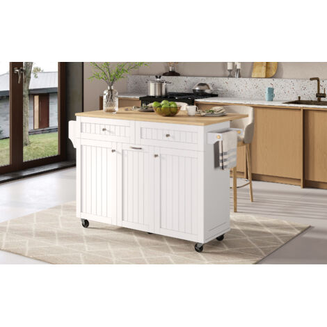 Îlot de cuisine avec roulettes, espace de repas amovible. Îlot de cuisine doté de tiroirs multifonctionnels. Idéal pour les cuisines et les salles à manger. Couleur blanche. (1/5)
