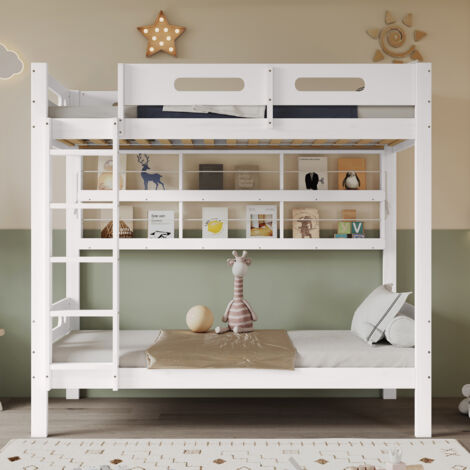 Lit surélevé, lit pour enfants avec grillage de protection contre les chutes. Espace de rangement suffisant. Échelle à cinq marches. Matériau utilisé : pin + MDF. Couleur : blanc. Dimensions : 90x200  (1/5)