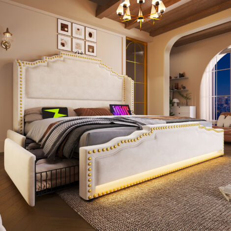 Lit double de 160×200 cm. Lit double avec 4 tiroirs. Éclairage LED et prise pour la recharge des appareils USB-C. Lit contenant un espace de rangement supplémentaire. Matelas en bois. Tissu : velours, (1/5)