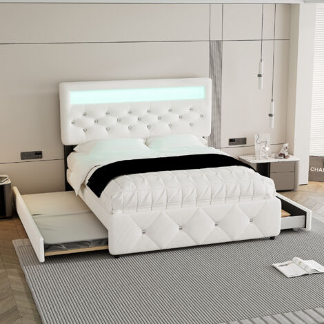 140×200 cm (90×190 cm) – Lit coffre. Lit double. Lit avec pied de lit. Lit coffre avec un meuble extérieur et 2 tiroirs. Commode avec éclairage intégré. Couleur blanche. (1/5)