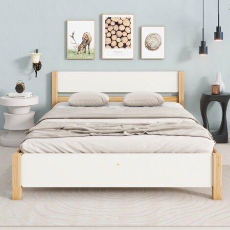 Lit double, lit en bois, cadre en bois de sapin avec pied central. Lit pour adolescents ou adultes. Structure du lit en MDF. Couleur blanche ou naturelle. Dimensions : 140 x 200 cm. (1/5)