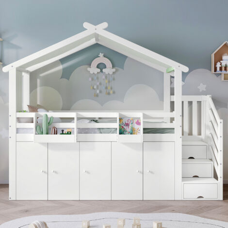 Lit étagère, lit pour enfants, avec grille de protection contre les chutes. Il y a 1 armoire à vêtements et 2 casiers de rangement. De plus, il y a 3 autres casiers de rangement dans l’escalier (1/5)