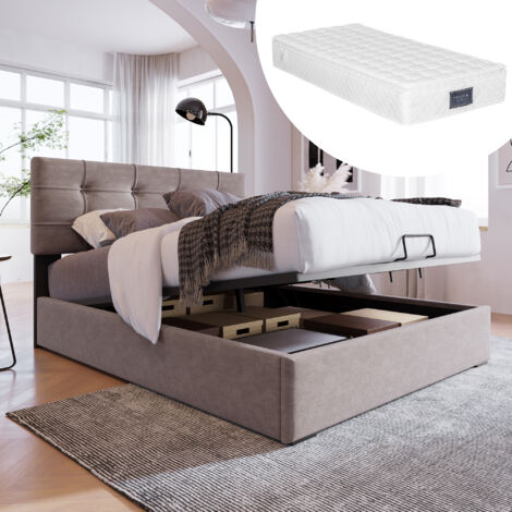 Lit simple hydraulique, dimensions : 90 x 200 cm. L'inclinaison de la tête de lit est entièrement réglable. Il présente un design moderne et comprend des compartiments de rangement intégrés. (1/5)