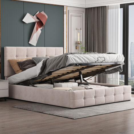 Lit double de 140×200 cm. Lit avec un meuble de rangement qui peut être déplacé hydrauliquement. La tête du lit est réglable en hauteur. Matelas en métal. Tissu doux pour la peau (1/5)
