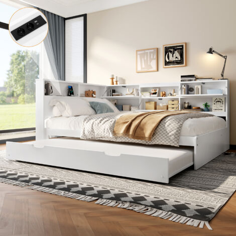 Daybett. Canapé-lit, dimensions 140x200 cm. Le dessus du lit est doté d’un espace de rangement. Lit extensible. Pas de matelas fourni. Couleur blanche. (1/5)