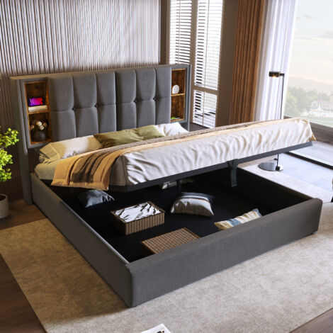 Lit double avec matelas sans câble. Structure du lit de 160x200 cm. La structure du lit comprend également un espace de rangement. Matelas en bois-gris, coton. Pas de matelas fourni. (1/5)