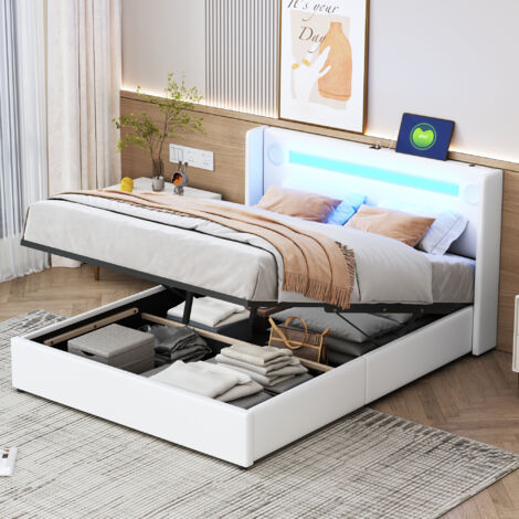 Lit double de 140 x 200 cm. Ce lit est équipé d'un éclairage LED, d'une fonctionnalité Bluetooth et d'un port USB pour le chargement d'appareils électroniques. (1/5)