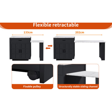Table extensible avec espace de rangement (133–202 × 70 × 93,5 cm). Elle comprend deux tiroirs et quatre compartiments. La table peut être agrandie (1/5)