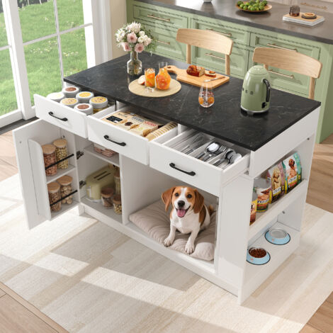 Îlot de cuisine, armoire avec 3 tiroirs, un espace pour les épices, planche à repasser réglable, double étagère (sans plateaux pour le nourriture des chiens). (1/5)