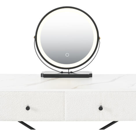 Table de maquillage avec éclairage et des tabourets. Table de coiffure avec miroir LED. Deux tiroirs. avec décoration en velours. Couleur noire et blanche. Dimensions : 100x40x120 cm. (1/5)
