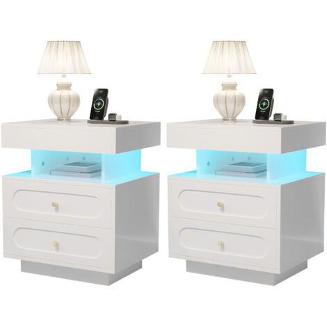 Compartiment de nuit avec éclairage LED. Meuble de nuit doté de 2 tiroirs, d’un espace de rangement ouvert. Couleur blanche. Dimensions : B100/T40/H60 cm (1/5)