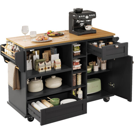 Esszimmerwagen (129 x 46 x 92 cm). Cuisine-salle à manger moderne et simple, en couleur noire. Contient des tiroirs et des étagères pour ranger les ustensiles de cuisine. (1/5)