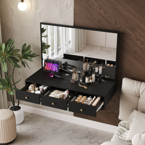 Tables de maquillage suspendues, avec miroir, 3 tiroirs et prises électriques. Il y a également un espace pour ranger des cartes à mémoire. noir. (1/5)