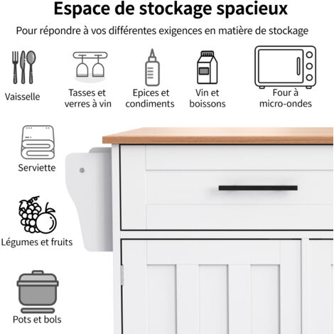 129x46(71)x91,5 cm de dimensions pour le chariot de repas/Sideboard. Plan de travail en bois massif avec motif particulier. Meuble blanc. Plan de travail rétractable. (1/5)