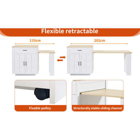 Table extensible avec espace de rangement (133–202×70×93,5 cm). Elle dispose de deux tiroirs et quatre compartiments. La table peut être agrandie pour accueillir 2 à 6 personnes. (1/5)