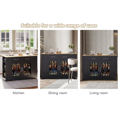 Îlot de cuisine portable de 120 cm de long, avec un bureau rétractable, une étagère ouverte, prise pour l’air conditionné, prise USB, porte en verre, parquet (1/5)