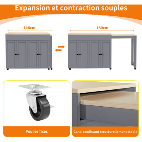 Table de salle à manger moderne, pouvant être déplacée ( dimensions : 118–180 × 50 × 94 cm ). Table de salle à manger avec un espace de rangement. Six surfaces de stockage disponibles. (1/5)
