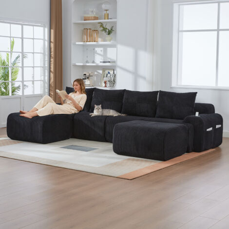 Modulaire Cordsofa pour 4 personnes (avec 2 tabourets). Il peut être combiné librement. Inclut des compartiments pour les boissons et un espace de rangement latéral (1/5)