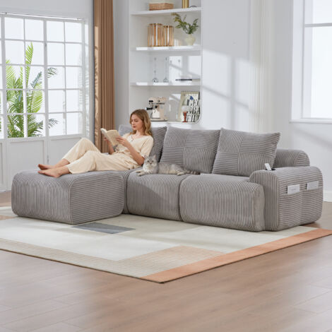 Modulaire Cordsofa pour 3 personnes (avec des tabourets). Il peut être combiné librement. Inclut des récipients pour les boissons et un compartiment de rangement sur le côté (1/5)