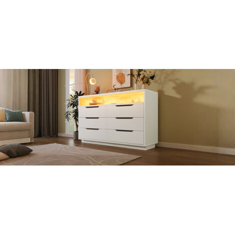 Compartiment de rangement avec éclairage LED et 6 tiroirs. Un espace de stockage supplémentaire est également disponible, muni d’un motif en marbre. (1/5)